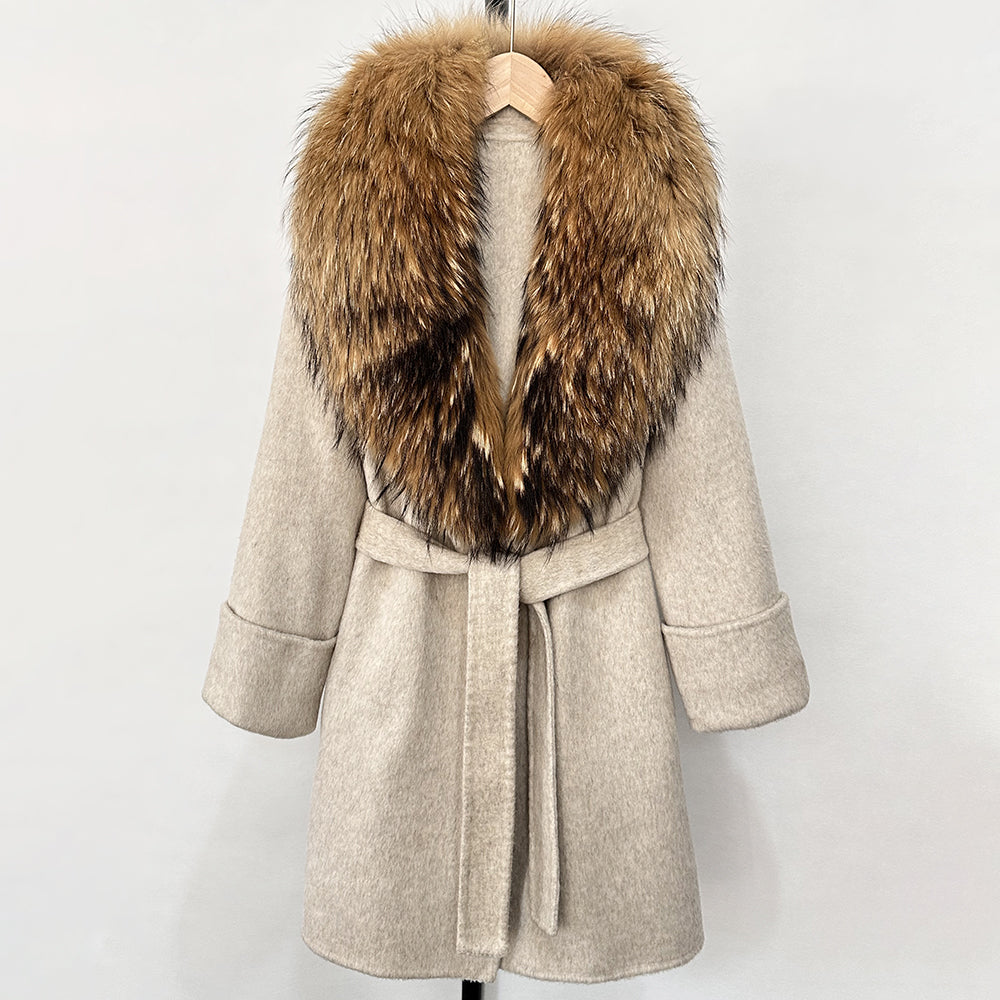 OFTBUY Natural Real Fox Fur Wool Blends Coat Women New Belt Pocket Winter Jacket Female Loose Woolen Outerwear Streetwear