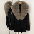 OFTBUY New Women's Knit Coat with Large Real Fox Fur Collar Belted Waist Striped Texture Pockets Winter Luxury Elegant Outerwear