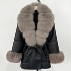 OFTBUY Large Natural Fox Fur Women Faux Leather Jacket Autumn Winter Fashion Ladies Warm Retor Faux Lamb Fur Coat Outwear
