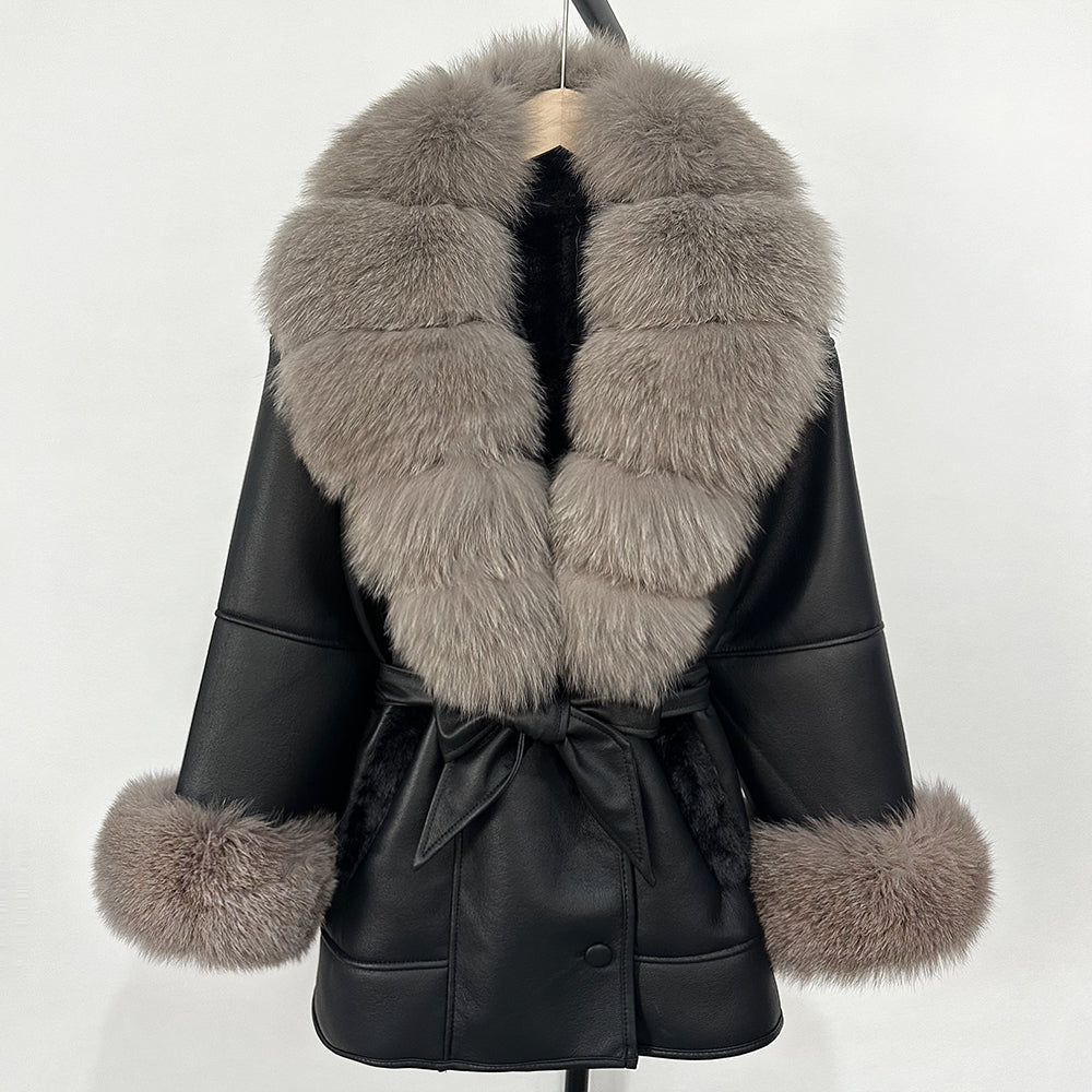 OFTBUY Large Natural Fox Fur Women Faux Leather Jacket Autumn Winter Fashion Ladies Warm Retor Faux Lamb Fur Coat Outwear