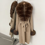 OFTBUY New Cardigan Autumn Winter Long Knit Clothing Women Loose Warm Belt Sweater Jacket with Real Fox Fur Collar and Cuffs
