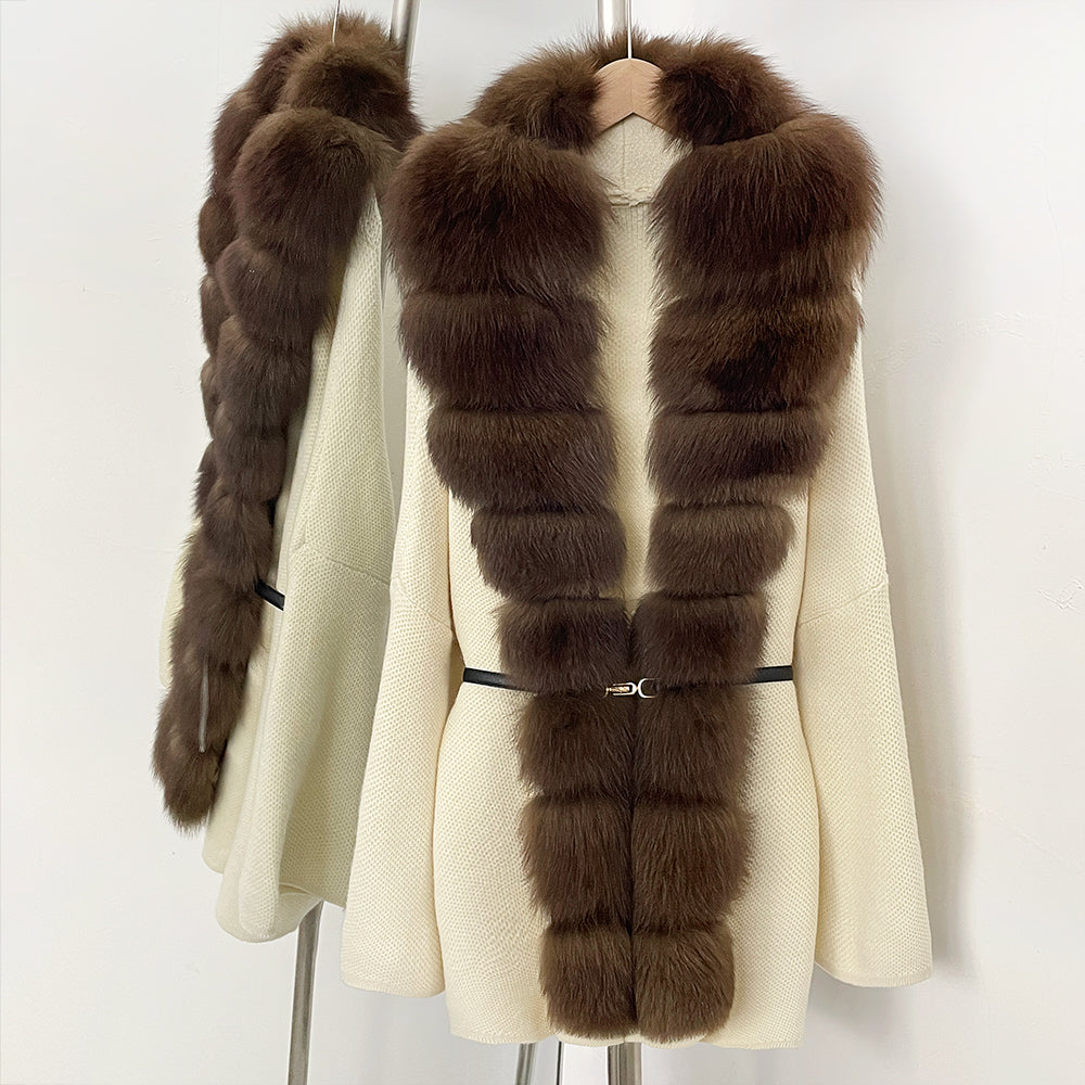 OFTBUY Metal Belt Knit Warm Winter Luxury Fashion Outerwear Sweater Cardigan New Women's Knit Coat with Full Real Fox Fur Front