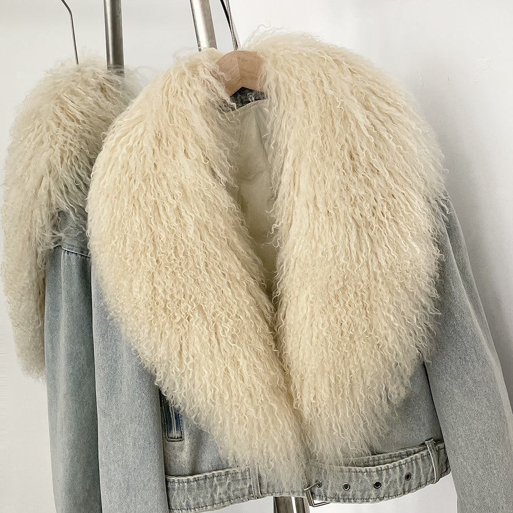 OFTBUY New Casual Fluffy Winter Clothes Women Short Mongolia Sheep Fur Collar Down Denim jacket Female Real Fur Puffer Jacket