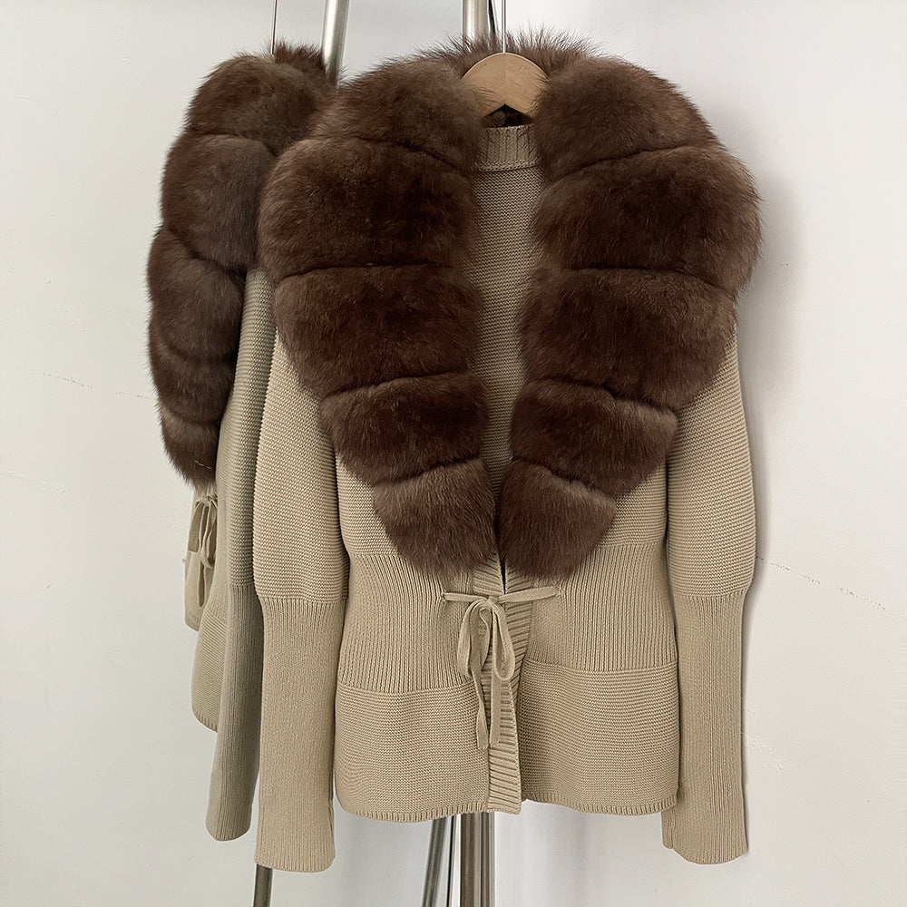 OFTBUY Luxury 100% Cotton Jacket with Real Fox Fur Collar New Autumn Winter Knit Cardigan Women Slim Warm Sweater Outerwear Lady