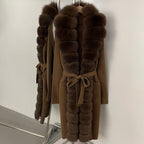 OFTBUY New Women's Knit Long Coat with Full Real Fox Fur  Belted Pockets Warm Winter Elegant Fashion Outerwear Cardigan Sweater