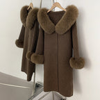 OFTBUY Pompoms Buttons Warm Winter Elegant Outerwear Female New Women's Double Face Wool Coat with Large Real Fox Fur Collar