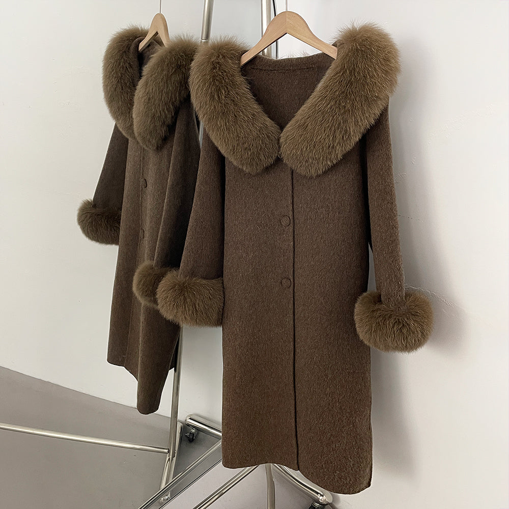 OFTBUY Pompoms Buttons Warm Winter Elegant Outerwear Female New Women's Double Face Wool Coat with Large Real Fox Fur Collar