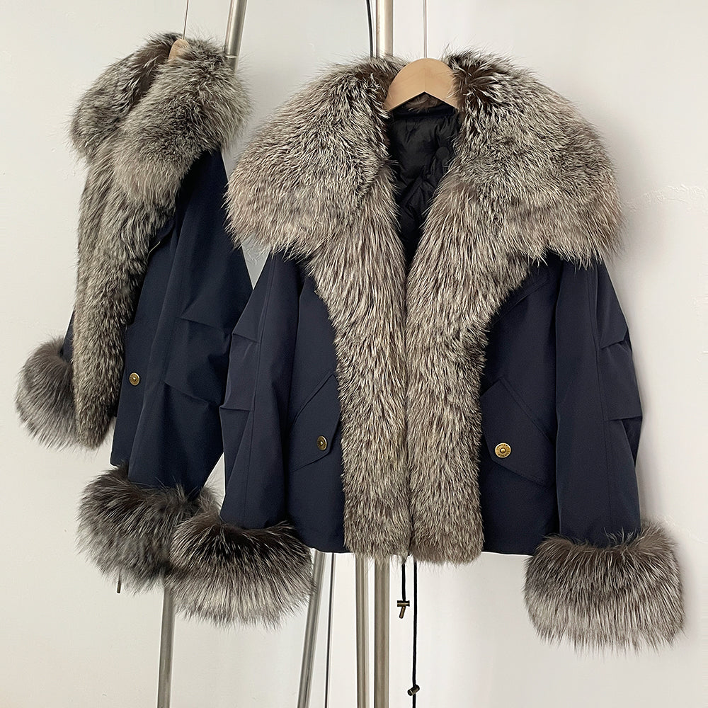 OFTBUY Fashion Warm White Duck Down Real Fur Top Clothes Female Big Natural Fox Fur Collar Coat New Autumn Winter Jacket Women