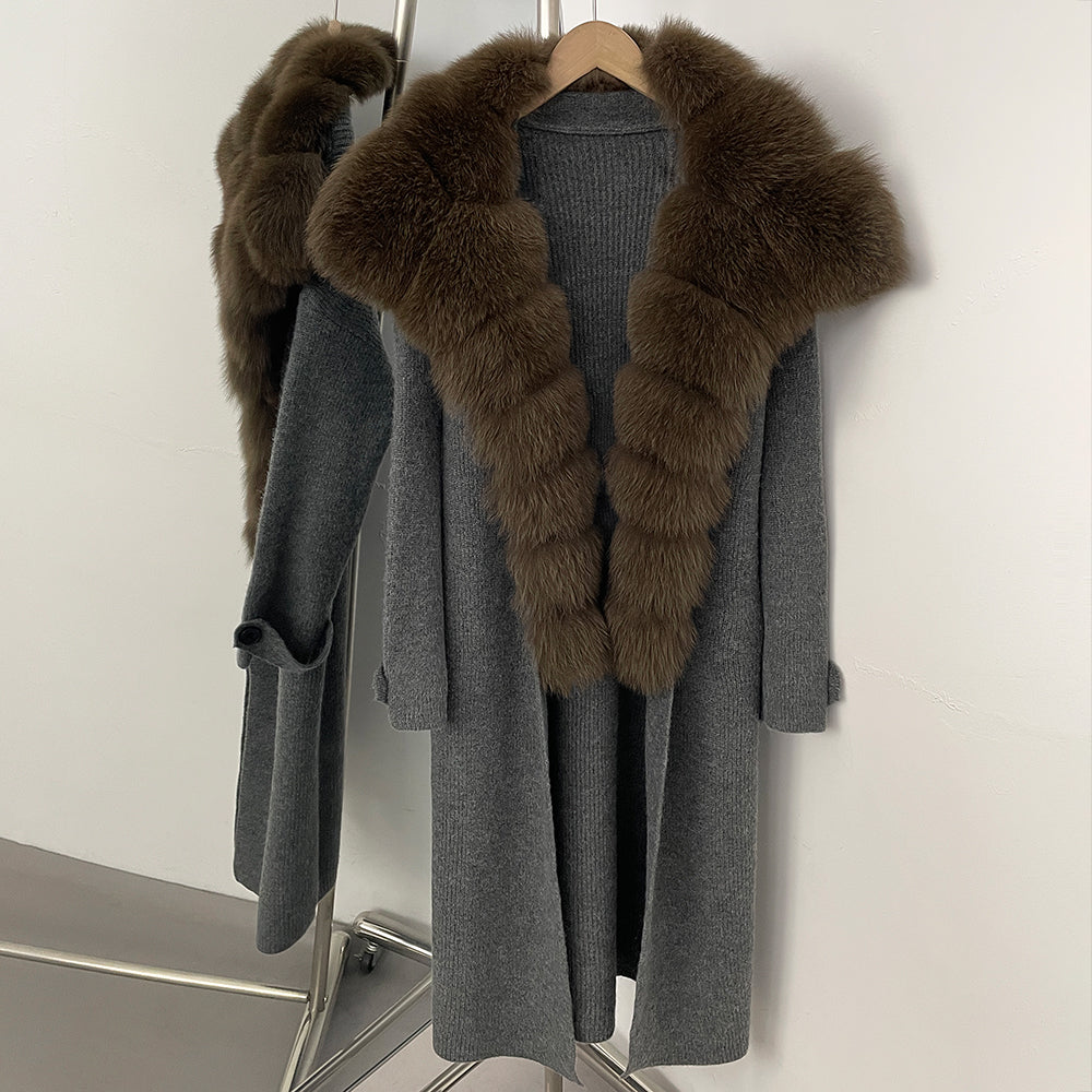 OFTBUY New Autumn Winter Knit Clothing Female Long Big Real Fox Fur Collar Sweater Women Warm Fashion Elegant Cardigan Coat