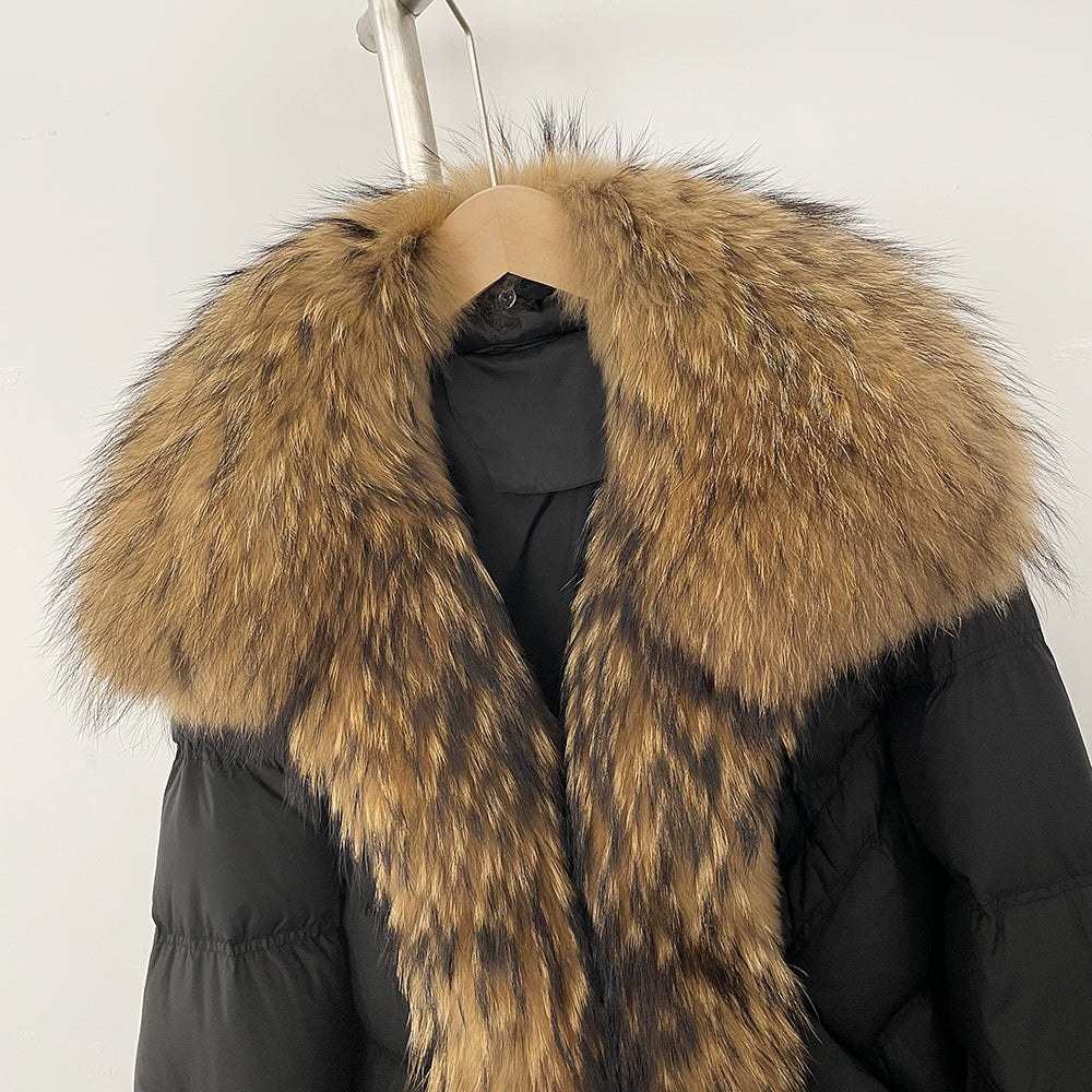 OFTBUY New Winter Large Real Raccoon Fur Puffer Coat Women Knit Sleeve White Duck Down Jacket Female Oversize Feather Down Parka