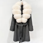OFTBUY Natural Real Fox Fur Wool Blends Coat Women New Belt Pocket Winter Jacket Female Loose Woolen Outerwear Streetwear