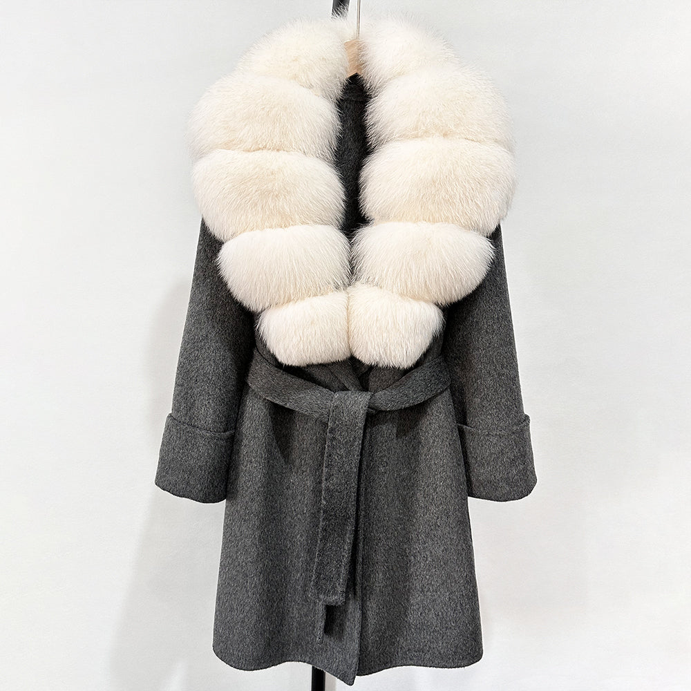 OFTBUY Natural Real Fox Fur Wool Blends Coat Women New Belt Pocket Winter Jacket Female Loose Woolen Outerwear Streetwear