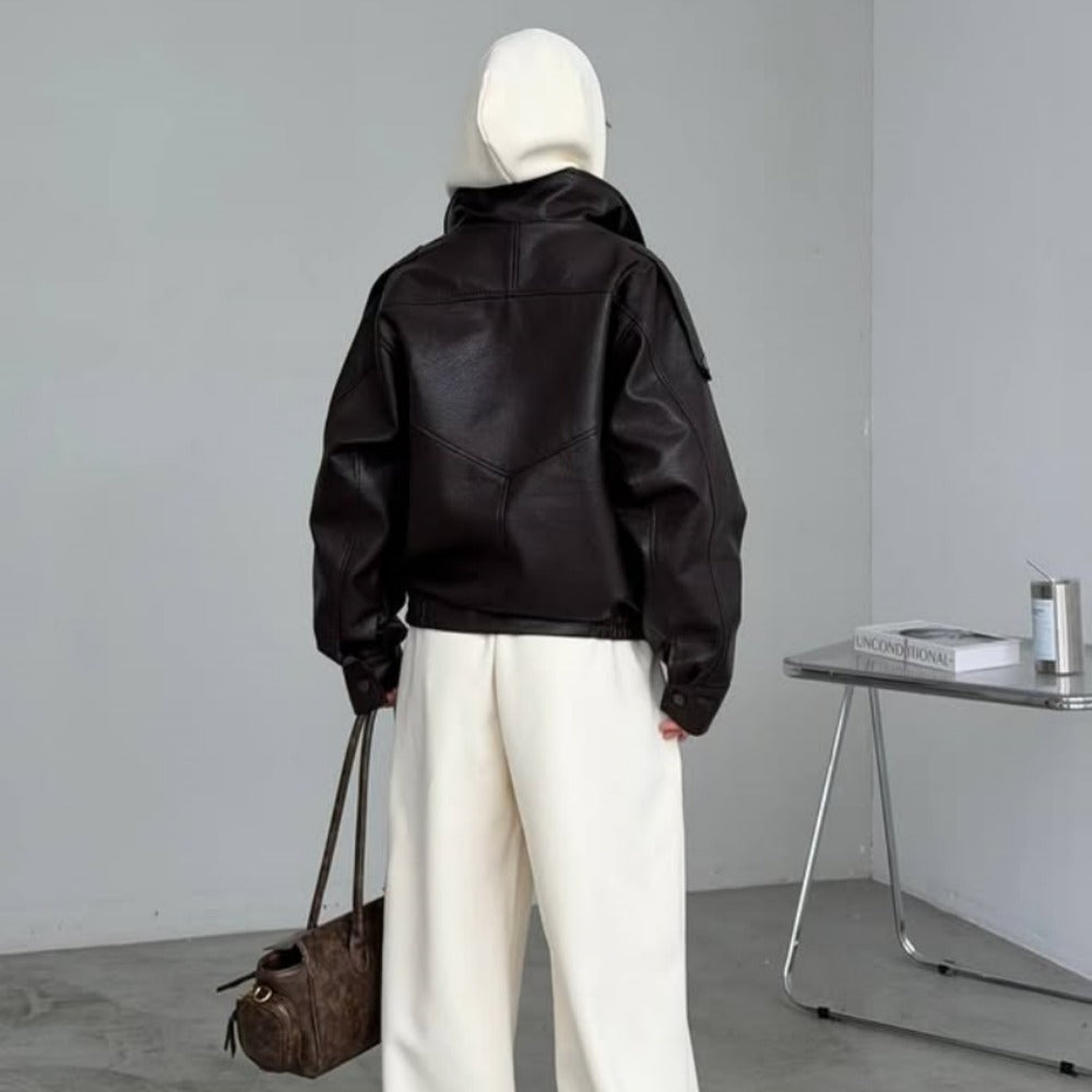 OFTBUY Womens Oversized Faux Leather Bomber Jacket