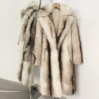 Luminous cream white luxury long faux fur coat with classic collar design