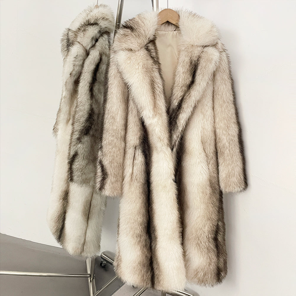 Luminous cream white luxury long faux fur coat with classic collar design
