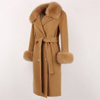 OFTBUY Winter Jacket Women Long Natural Wool Blends Cashmere Real Fur Coat Double Breasted Belt Warm Streetwear New Fashion