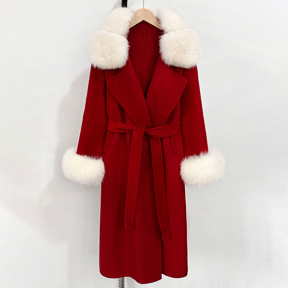 OFTBUY Belted Long Warm Winter Elegant Fashion Outerwear New Women's Double-Faced Wool Coat with Real Fox Fur Collar and Cuffs