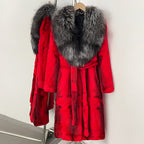 Vibrant scarlet red mottled real rabbit fur long coat with silver fox shawl