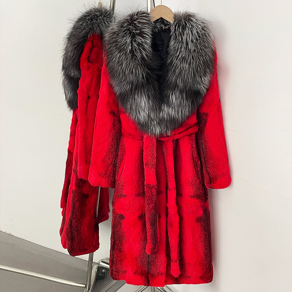  Vibrant scarlet red mottled real rabbit fur long coat with silver fox shawl