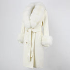 OFTBUY Winter Jacket Women Long Natural Wool Blends Cashmere Real Fur Coat Double Breasted Belt Warm Streetwear New Fashion