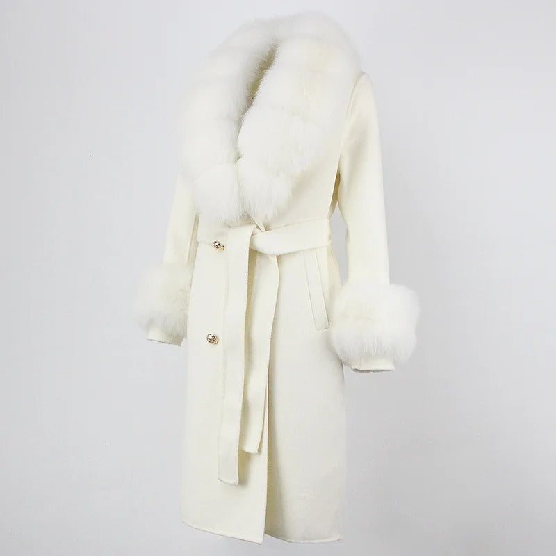 OFTBUY Winter Jacket Women Long Natural Wool Blends Cashmere Real Fur Coat Double Breasted Belt Warm Streetwear New Fashion