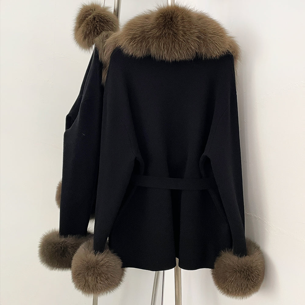 OFTBUY New Spring Autumn Clothing Women Fashion Real Fox Fur Kint Cardigan Female Belt Luxury Loose Fur Cuffs Sweater Jacket
