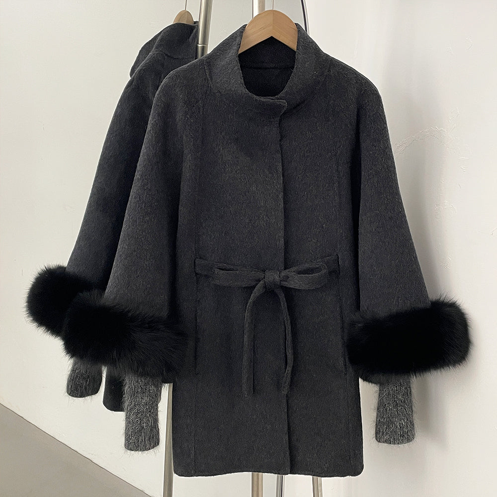 OFTBUY High Collar Belt Real Fox Fur Wool Coat Female New Autumn Winter Knitted Sleeves Woolen Clothes Women Alpaca Loose Jacket