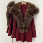 OFTBUY Fashion Belt Warm Sweater Female Natural Fur Loose Cadigan Coat Women Medium Length Knit Jacket with Real Fox Fur Collar