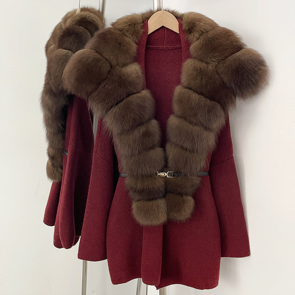 OFTBUY Fashion Belt Warm Sweater Female Natural Fur Loose Cadigan Coat Women Medium Length Knit Jacket with Real Fox Fur Collar
