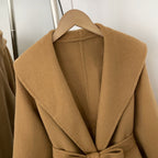 OFTBUY New Women's Double-Faced Wool Coat with Real Fox Fur Cuffs Wide Lapel Belted Bow Long Warm Winter Elegant Outerwear Lady
