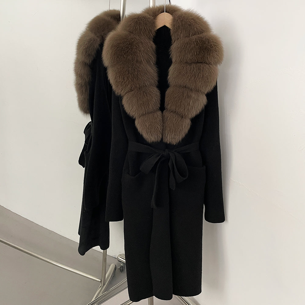 OFTBUY Women's Luxury Brown Knit Cardigan with Real Fox Fur Collar Belted Sweater Coat Female New Fashion Warm Winter Outerwear