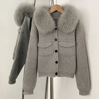 OFTBUY Short Natural Fox Fur Collar Knitted Sweater Coat FemaleReal Fur Clothing New Autumn Winter Knitting Cardigan Women
