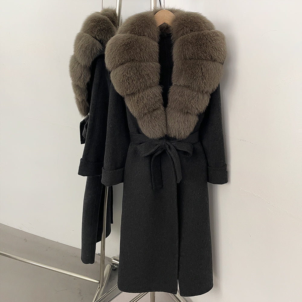 OFTBUY Belted Elegant Warm Outerwear Coat Female Women's Luxury Double-Faced Wool Jacket Winter Oversized Real Fox Fur Collar