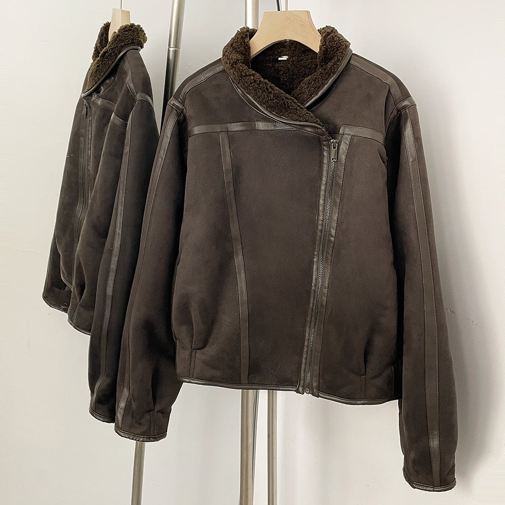 OFTBUY New Women's Faux Suede Shearling Jacket Female Zipper Lapel Collar Warm Autumn Winter Biker Coat Fashion Casual Outerwear