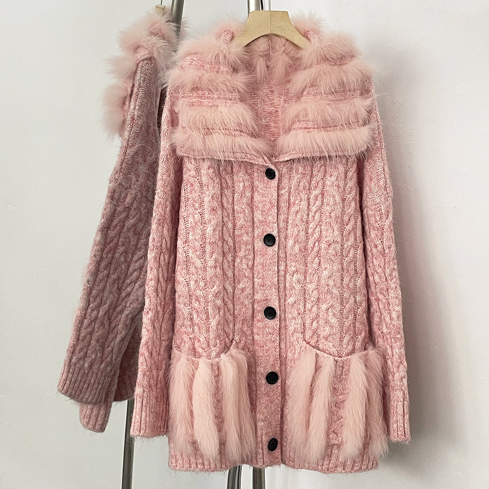 OFTBUY New Spring Warm Top Knitted Clothing Female Oversize Resl Fox Fur Cardigan Sweater Coat Women Loose Knitting Knitwear
