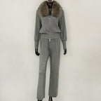 OFTBUY Winter New Women's Knitted Tracksuit Set with Fox Fur Collar Zipper Jacket Wide Leg Pants Luxury Casual Two-Piece Outfit