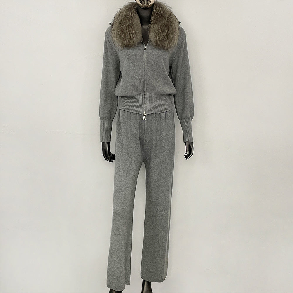 OFTBUY Winter New Women's Knitted Tracksuit Set with Fox Fur Collar Zipper Jacket Wide Leg Pants Luxury Casual Two-Piece Outfit