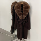 OFTBUY Women's Luxury Brown Knit Cardigan with Real Fox Fur Collar Belted Sweater Coat Female New Fashion Warm Winter Outerwear