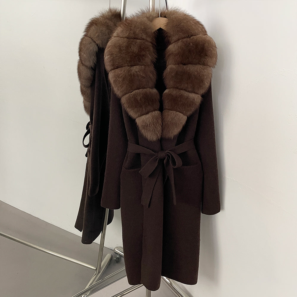 OFTBUY Women's Luxury Brown Knit Cardigan with Real Fox Fur Collar Belted Sweater Coat Female New Fashion Warm Winter Outerwear