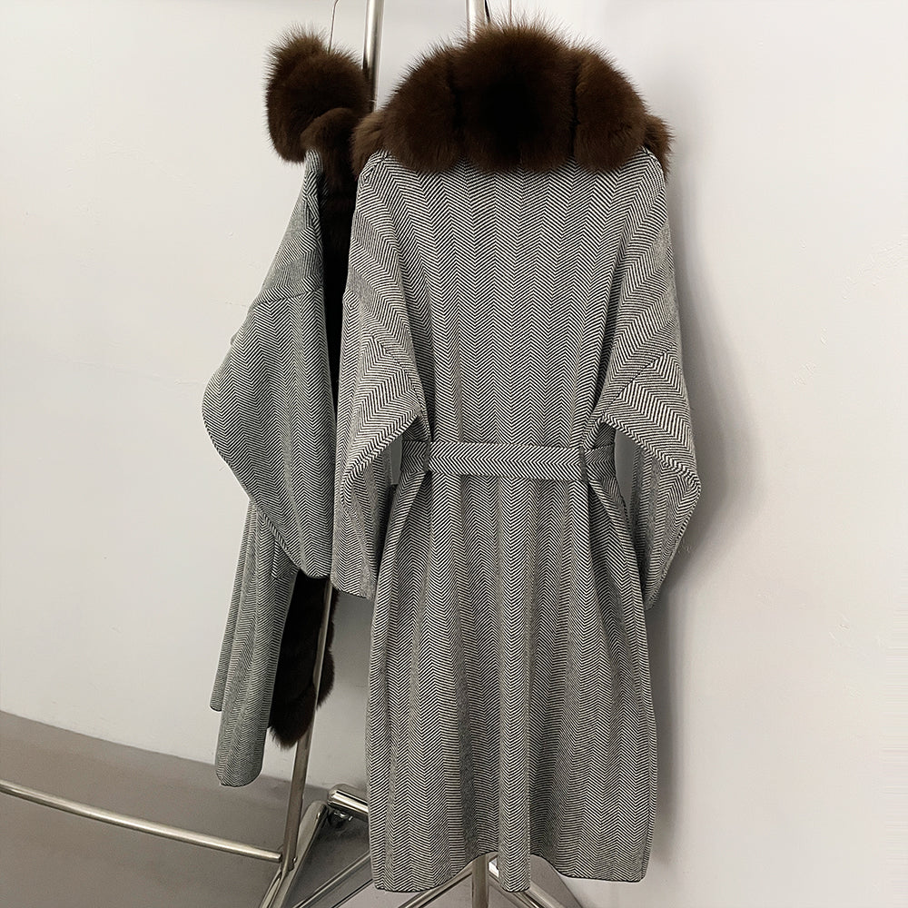 OFTBUY 2025 New Women's Knit Coat with Full Real Fox Fur Trim Belted Warm Winter Elegant Fashion Outerwear Female Long Sweater