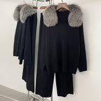 OFTBUY Knitted Pant Set Female Fashion Warm Real Fox Fur Sweater Lady New Autumn Winter Plus Size Woman Clothes Outfits Knitwear
