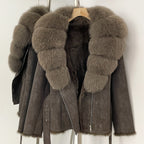 OFTBUY New Women's Suede Jacket with Real Fox Fur Collar Real Rabbit Fur Lining Coat Female Belted Warm Winter Luxury Outerwear
