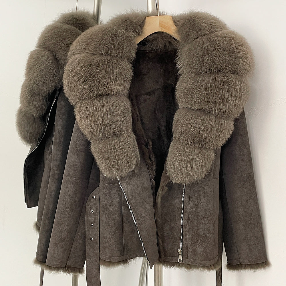 OFTBUY New Women's Suede Jacket with Real Fox Fur Collar Real Rabbit Fur Lining Coat Female Belted Warm Winter Luxury Outerwear