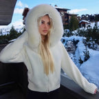 OFTBUY Luxury Knitted Zip-Up Hoodie with Oversized Real Fox Fur Hood - Premium Apres-Ski Luxe Loungewear