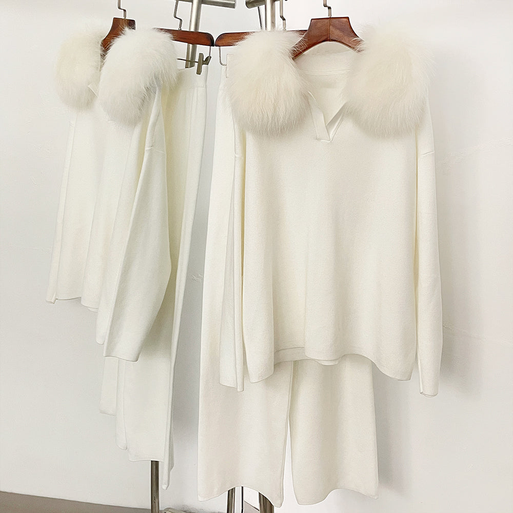 OFTBUY Knitted Pant Set Female Fashion Warm Real Fox Fur Sweater Lady New Autumn Winter Plus Size Woman Clothes Outfits Knitwear