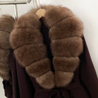 OFTBUY New Autumn Winter Luxury Fashion Outerwear Lady Women's Knit Coat with Large Real Fox Fur Collar Belt Textured Knit Warm