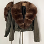 OFTBUY Natural Fox Fur Faux Leather Jacket Female New Autumn Short Top Clothing Women Long Sleeve Fake Leather Real Fur Coat