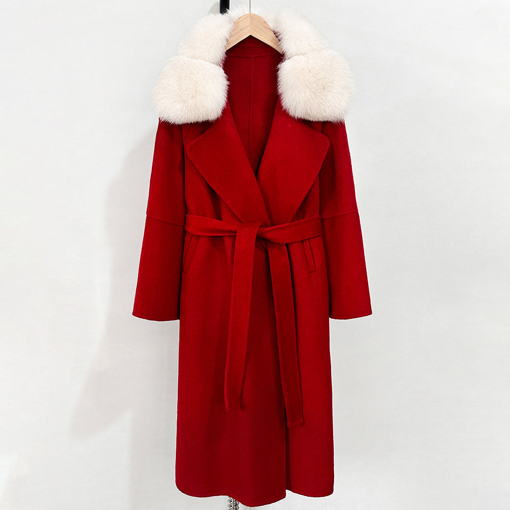 OFTBUY Belted Long Warm Winter Elegant Fashion Outerwear New Women's Double-Faced Wool Coat with Real Fox Fur Collar