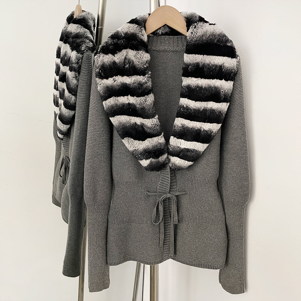 OFTBUY Drawstring Waist Slim Fit Jacket Warm Winter Outerwear New Women's 100% Cotton Knit Cardigan with Striped Rex Rabbit Fur