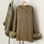 OFTBUY New Women's Double-Faced Wool Coat with Real Fox Fur Cuffs Round Neck Warm Winter Elegant Fashion Outerwear Woolen Coat